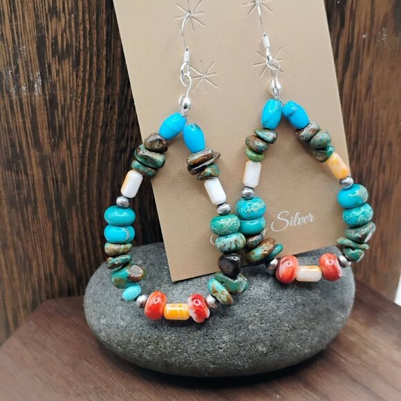 Southwest Beaded Turquoise Coral Hoop Earrings Dangle Sterling Silver 2.5" Long - Picture 2 of 3